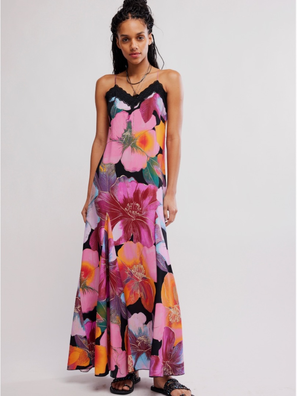 Free People Black Maxi Slip Dress with Pink & Orange Floral